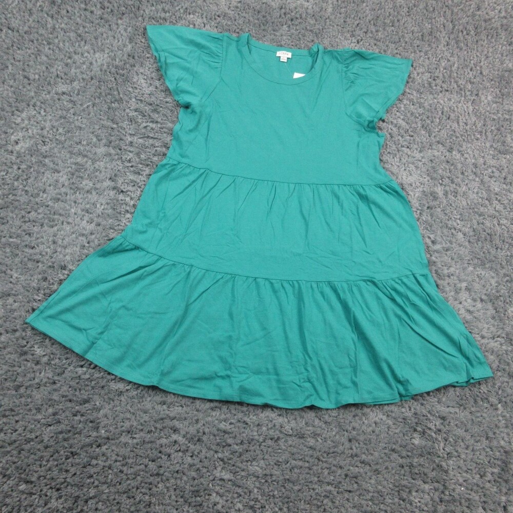J Crew Dress Womens Large Green Tiered Flutter Sleeve Casual 100% Cotton NWT